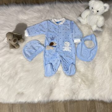 Βελούδινο γαλάζιο φορμάκι αγοριού με σκουφάκι και σαλιάρα